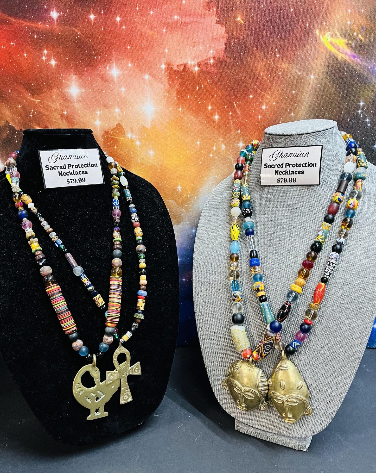 Ghanaian Jeweled Necklace w/ Metal Andinkra