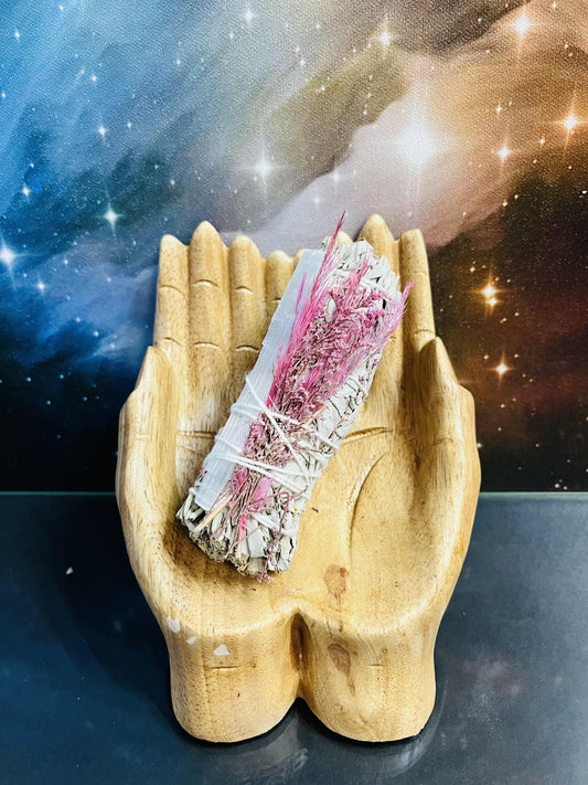 White Sage w/ Selenite & Pink Floral Smudge 4"